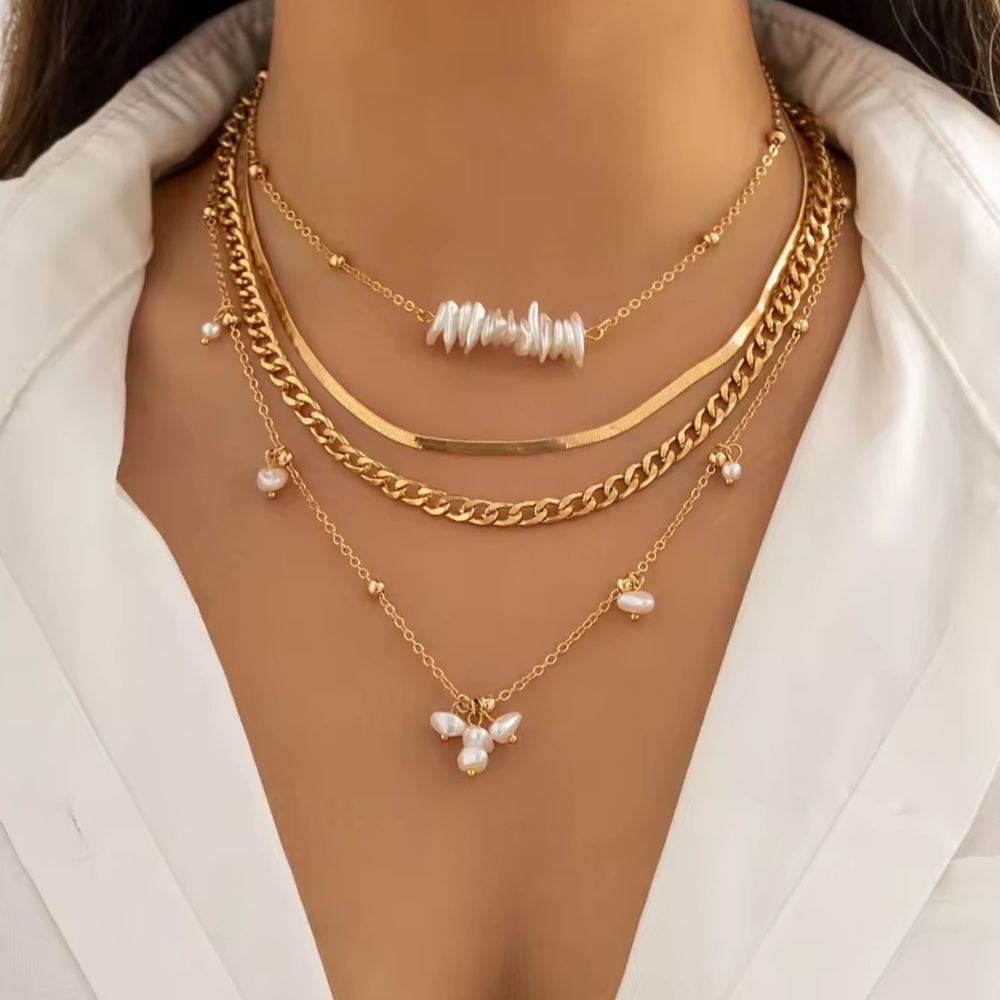 Elegant Gold and Pearl Layered Necklace Set